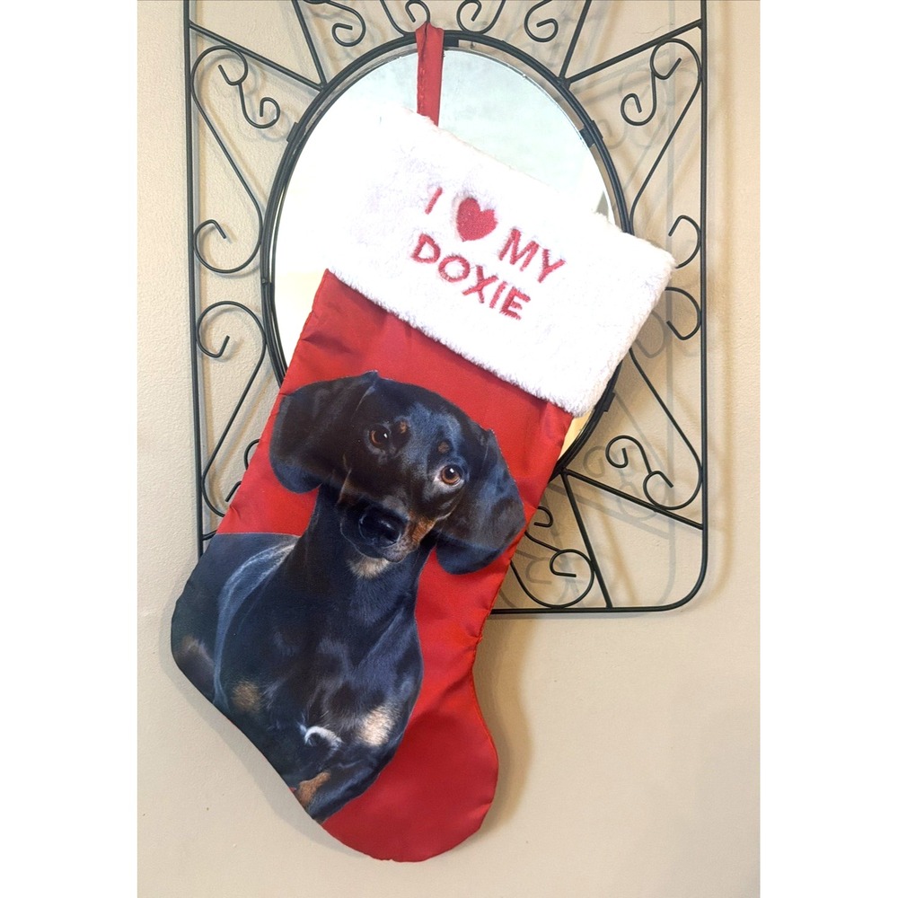 NEW Red Satin I LOVE MY DOXIE Dog Christmas Holiday Faux Fur Stocking 18"